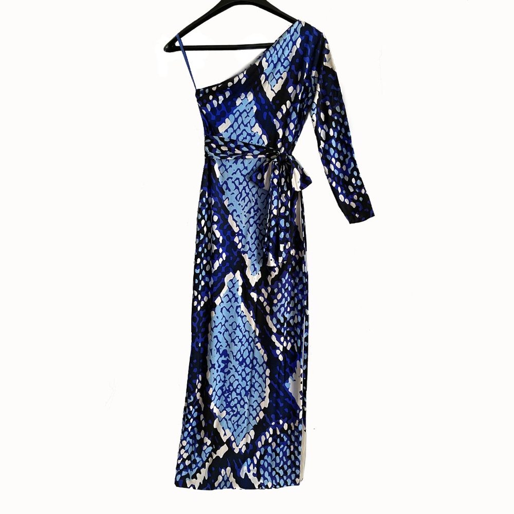 Blue multicolor dress, size 10, long, one-shoulder. Very nice